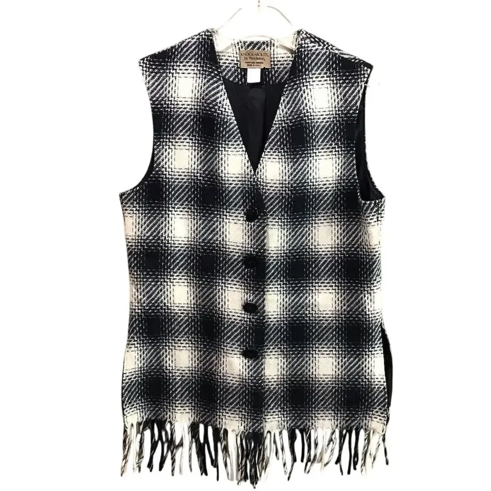 Pendleton‎ Knockabouts Vest Womens Medium Black Plaid Wool Button Fringe Vintage - Picture 2 of 6